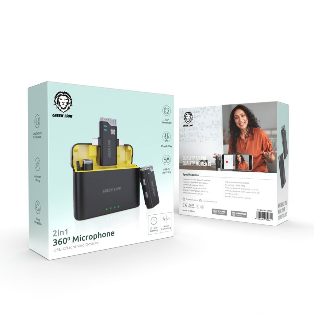 Green Lion 2 IN 1 360 Microphone USB-C Lightning Black Green Lion 2 IN 1 360 Microphone USB-C Lightning Black